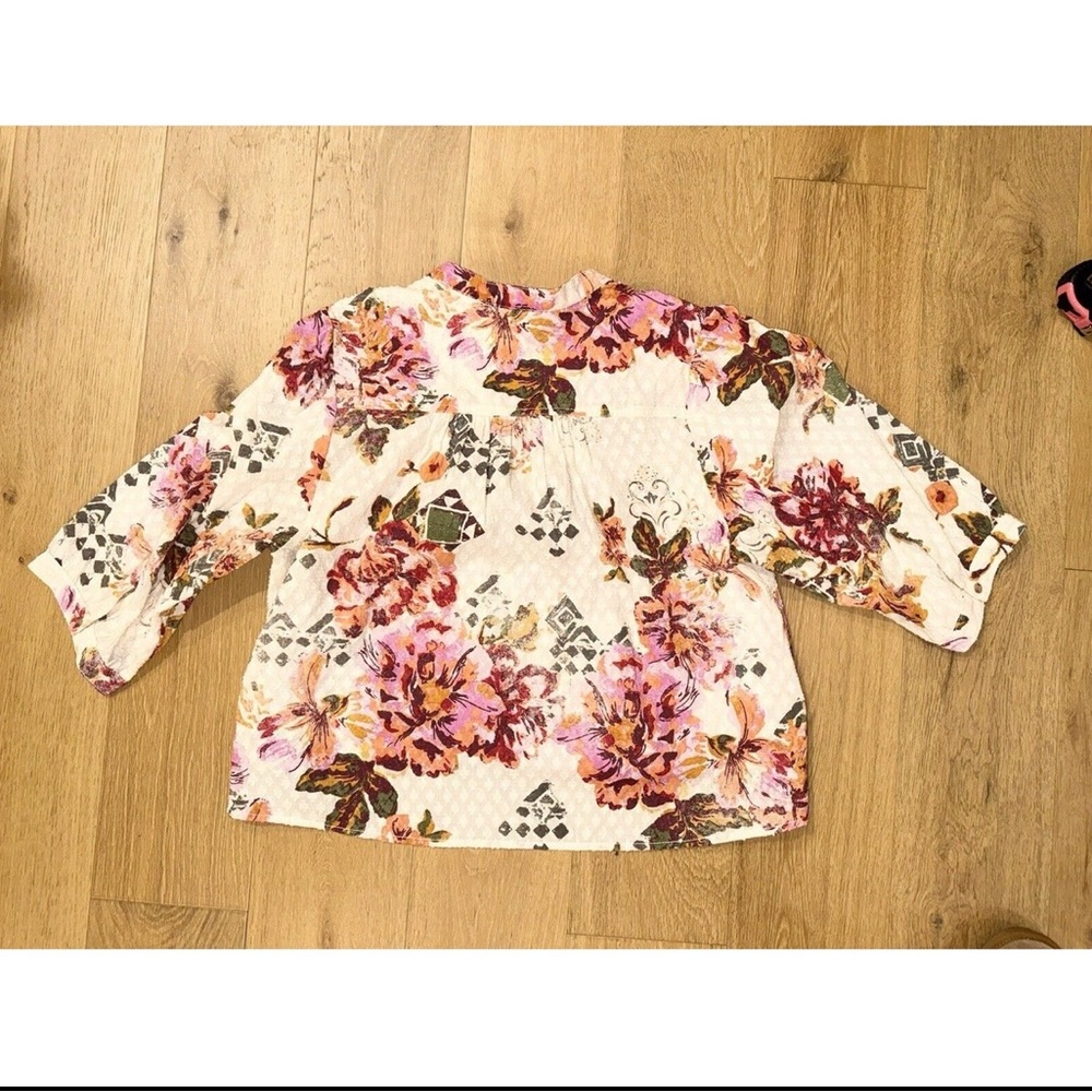 Pilcro Anthropologie Floral Surf Top Blouse Swiss Dot Henley Boho Pink Cream XL - Picture 9 of 12